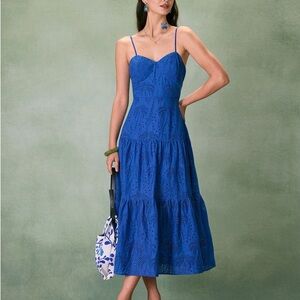 Rihoas Blue Sweetheart Neck Embroidery Tiered Midi Dress Sz Large Classy Elegant